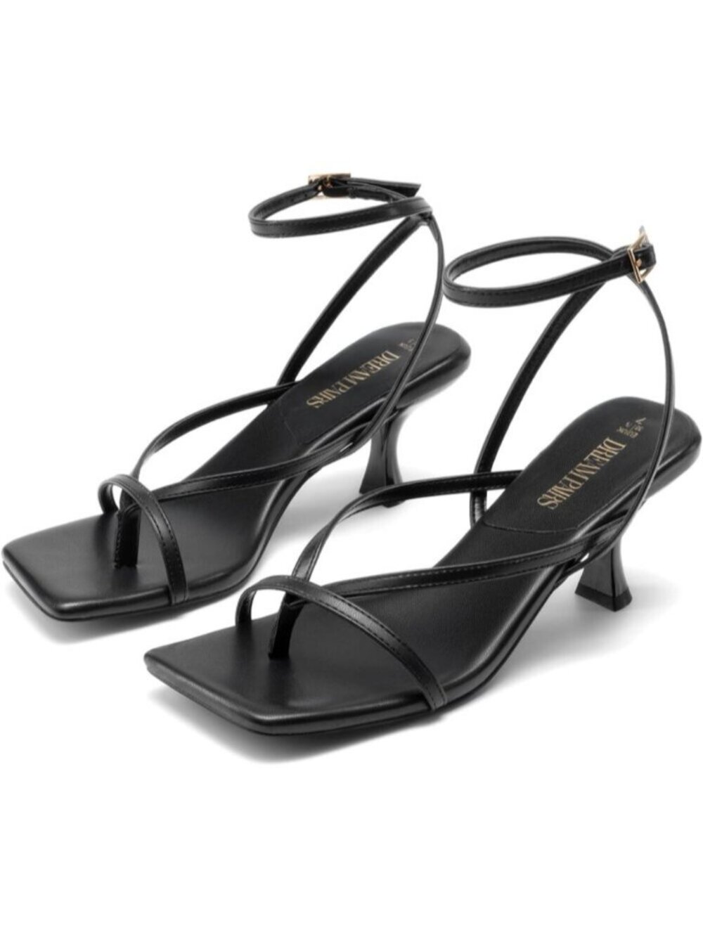 Women's Black Pu Strappy Square Open Toe Dressy Thong Comfort Kitten Heel Sandal